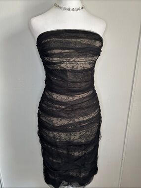 BCBGMaxAzria Strapless Black Lace Ruched Sheer Lace Mesh Midi Evening Dress